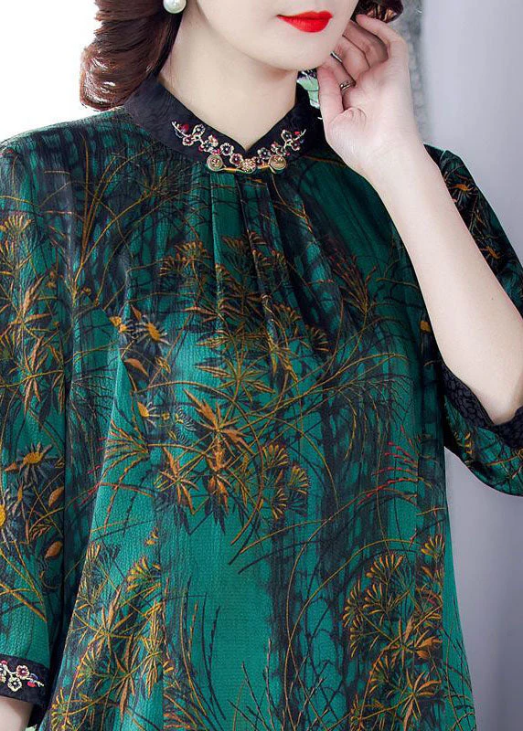 Elegant Green Stand Collar Print Silk Dress Half Sleeve - Image 2