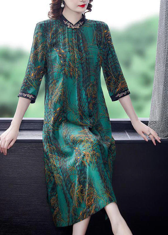 Elegant Green Stand Collar Print Silk Dress Half Sleeve - Image 3