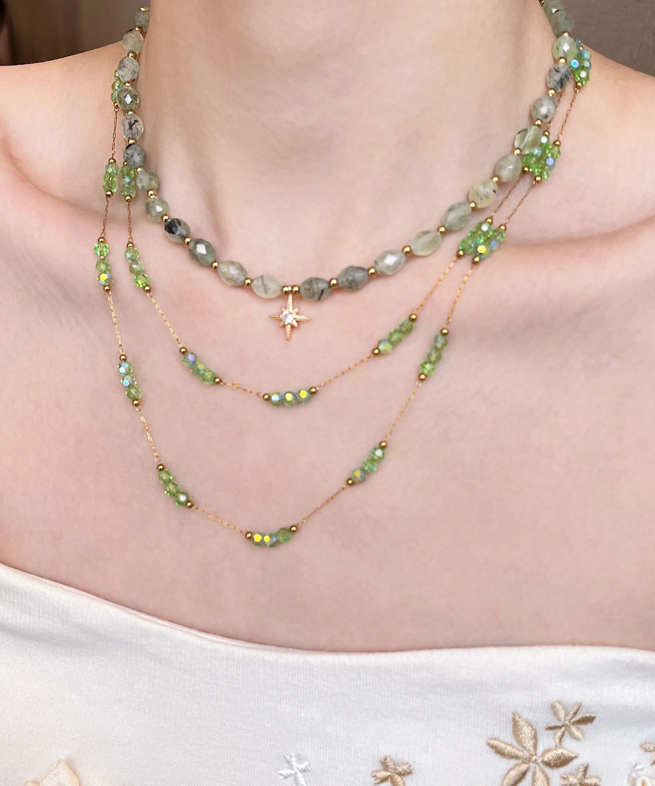 Elegant Green String Beads Layering Alloy Two Piece Set Necklace - Image 3