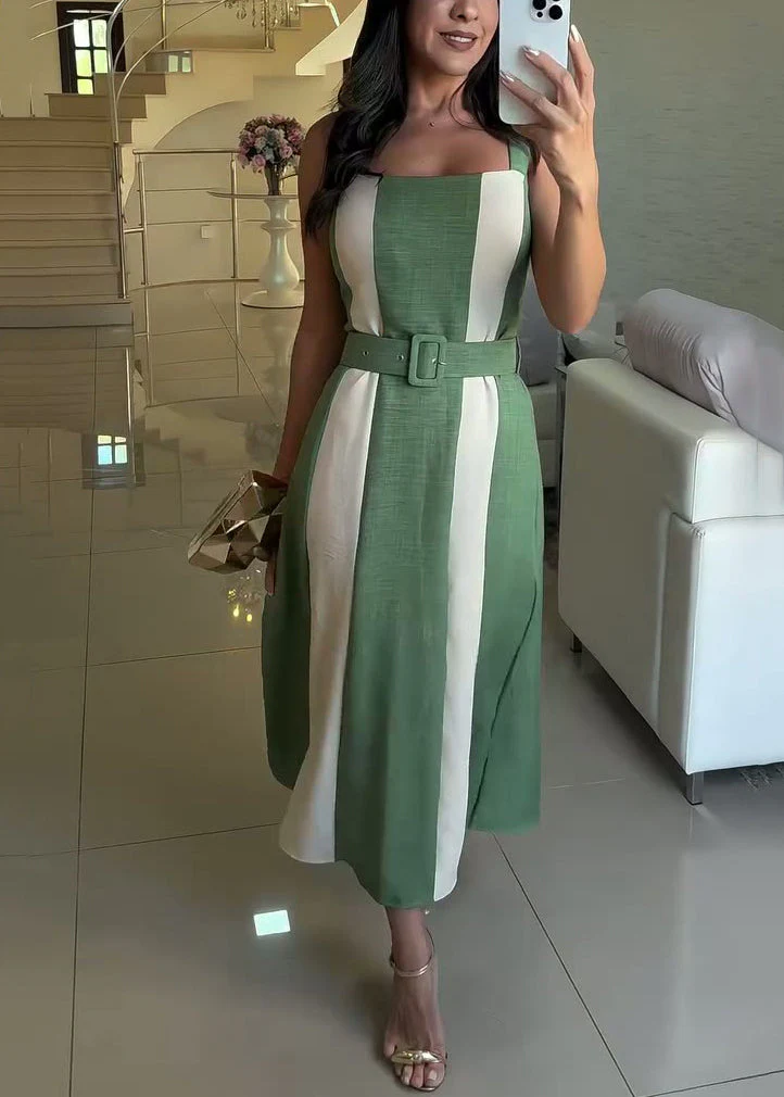 Elegant Green Tie Waist Patchwork Cotton Spaghetti Strap Dress Sleeveless - Image 4