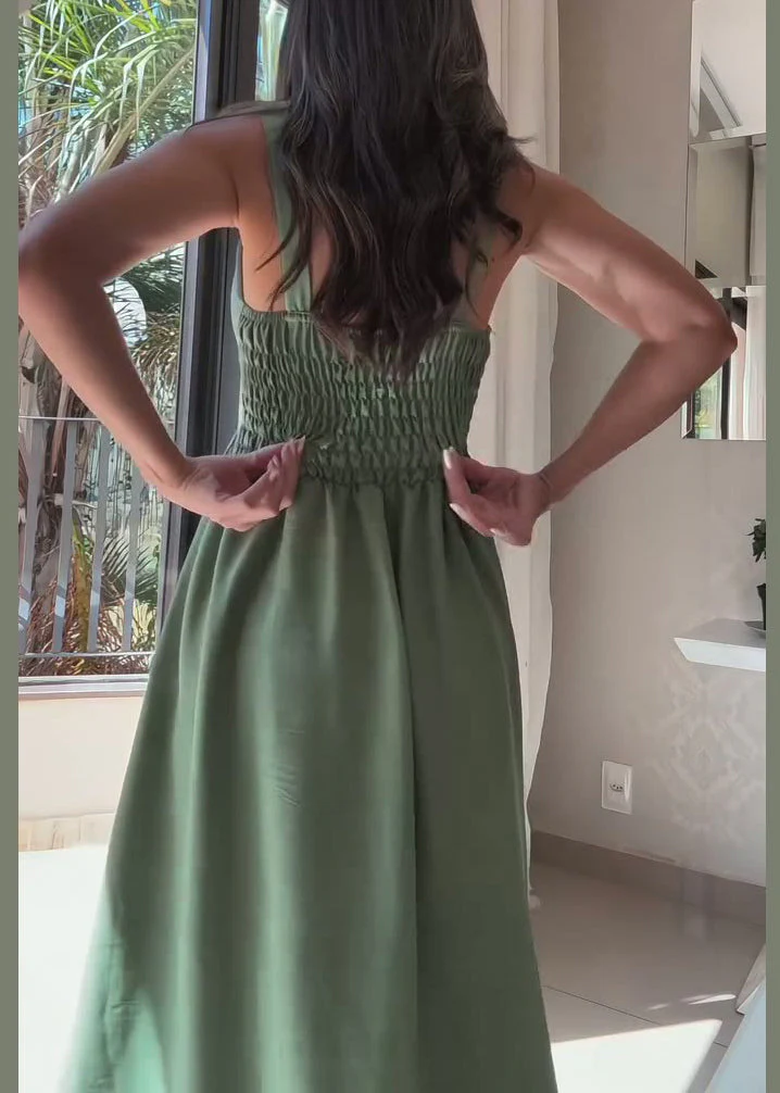 Elegant Green Tie Waist Patchwork Cotton Spaghetti Strap Dress Sleeveless - Image 5