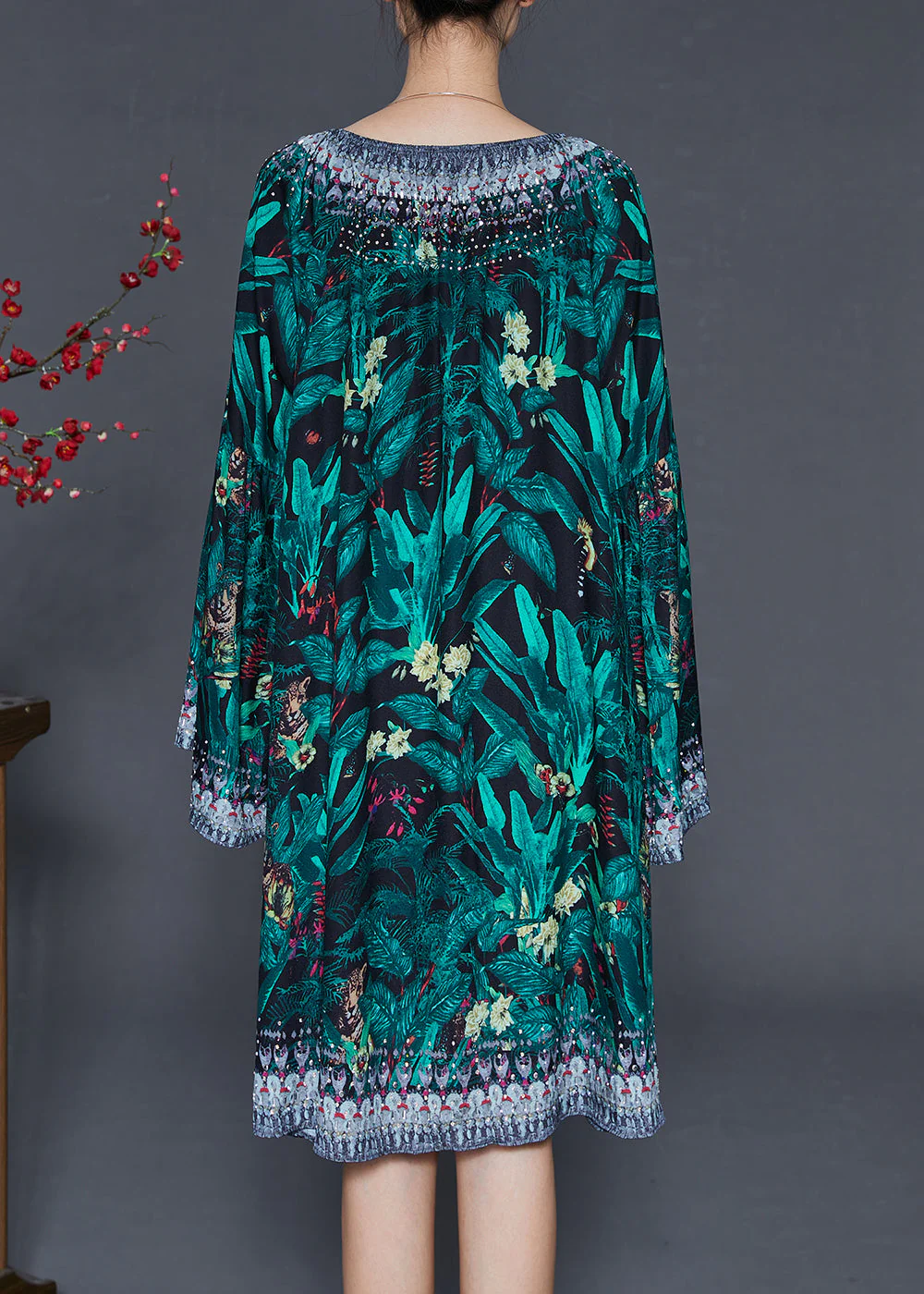 Elegant Green Tie Waist Print Chiffon Work Dress Flare Sleeve - Image 4