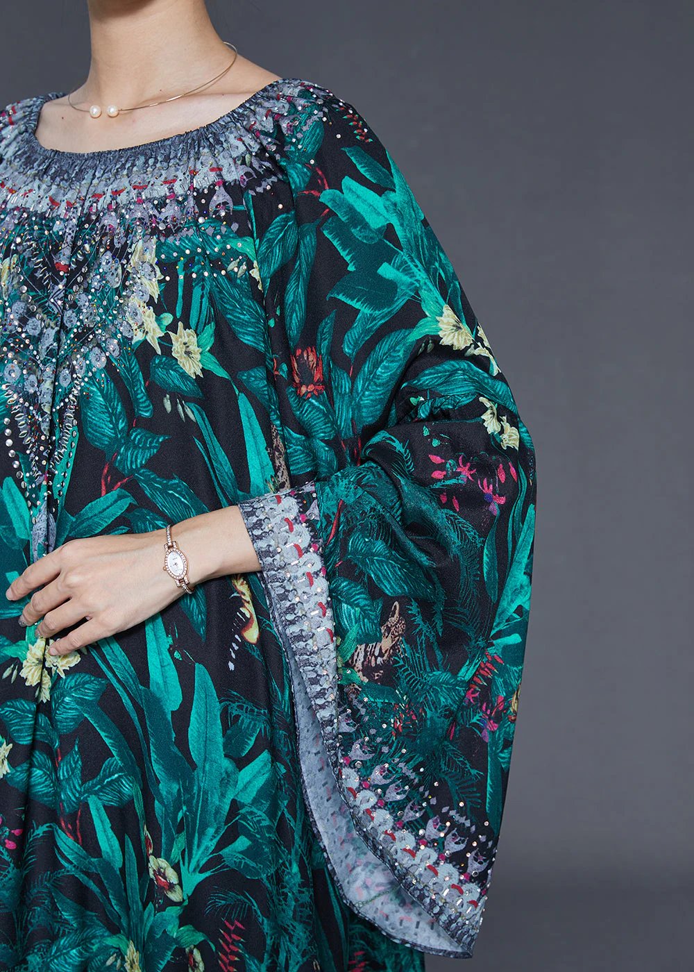 Elegant Green Tie Waist Print Chiffon Work Dress Flare Sleeve - Image 5