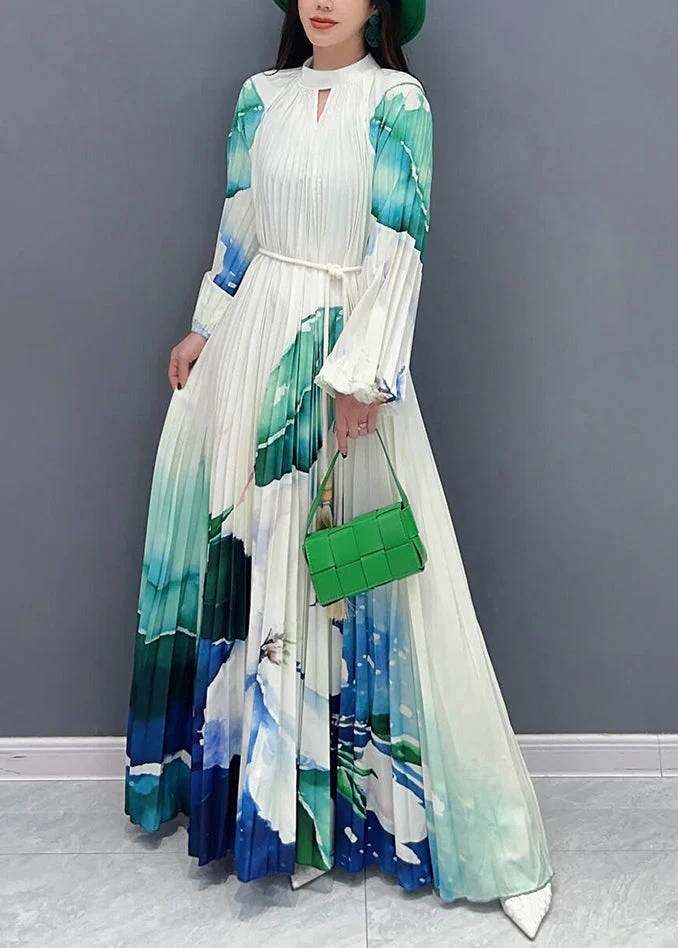Elegant Green Turtleneck Print Tie Waist Long Dresses Long Sleeve - Image 2