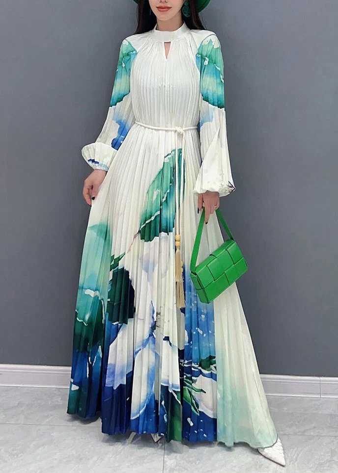 Elegant Green Turtleneck Print Tie Waist Long Dresses Long Sleeve - Image 3