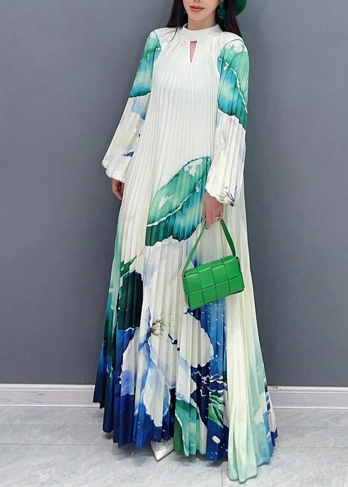Elegant Green Turtleneck Print Tie Waist Long Dresses Long Sleeve - Image 4