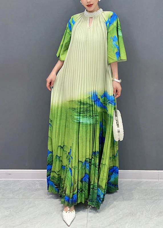 Elegant Green Turtleneck Print Tie Waist Maxi Dress Half Sleeve - Image 2