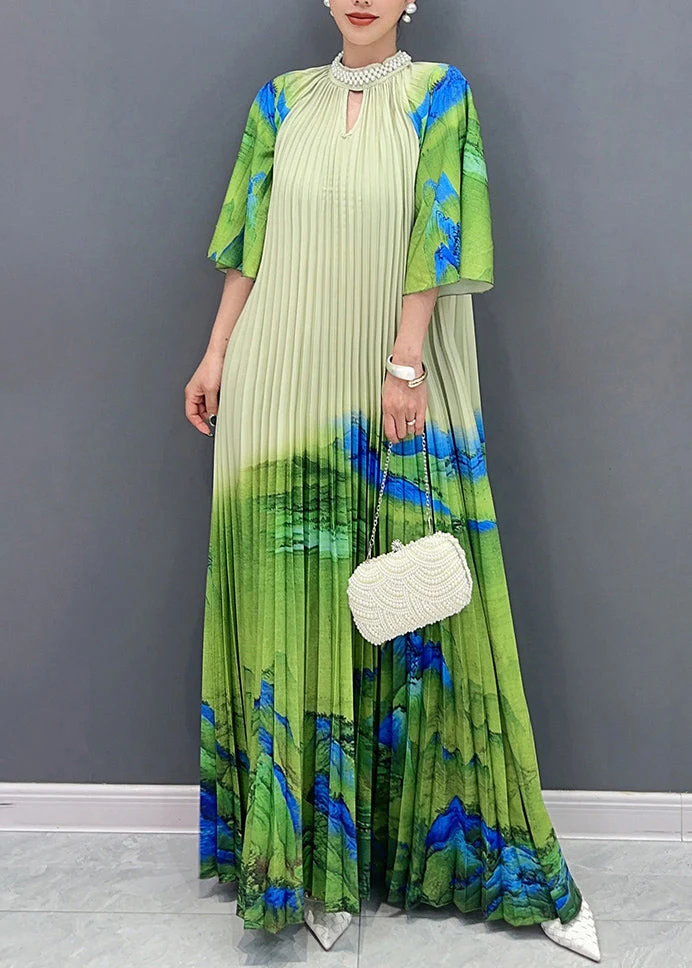 Elegant Green Turtleneck Print Tie Waist Maxi Dress Half Sleeve - Image 3