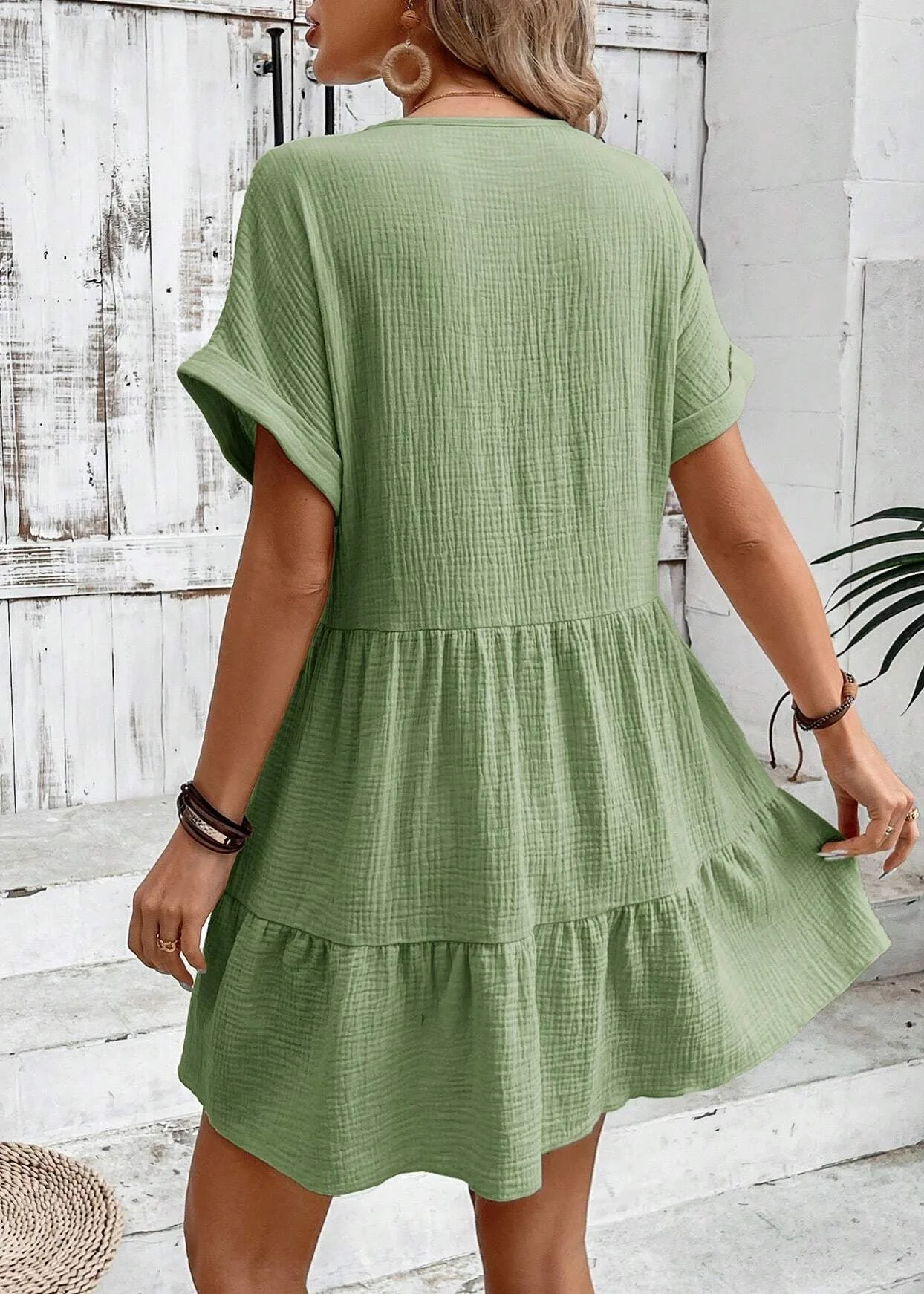 Elegant Green V Neck Cotton A Line Dresses Summer - Image 4