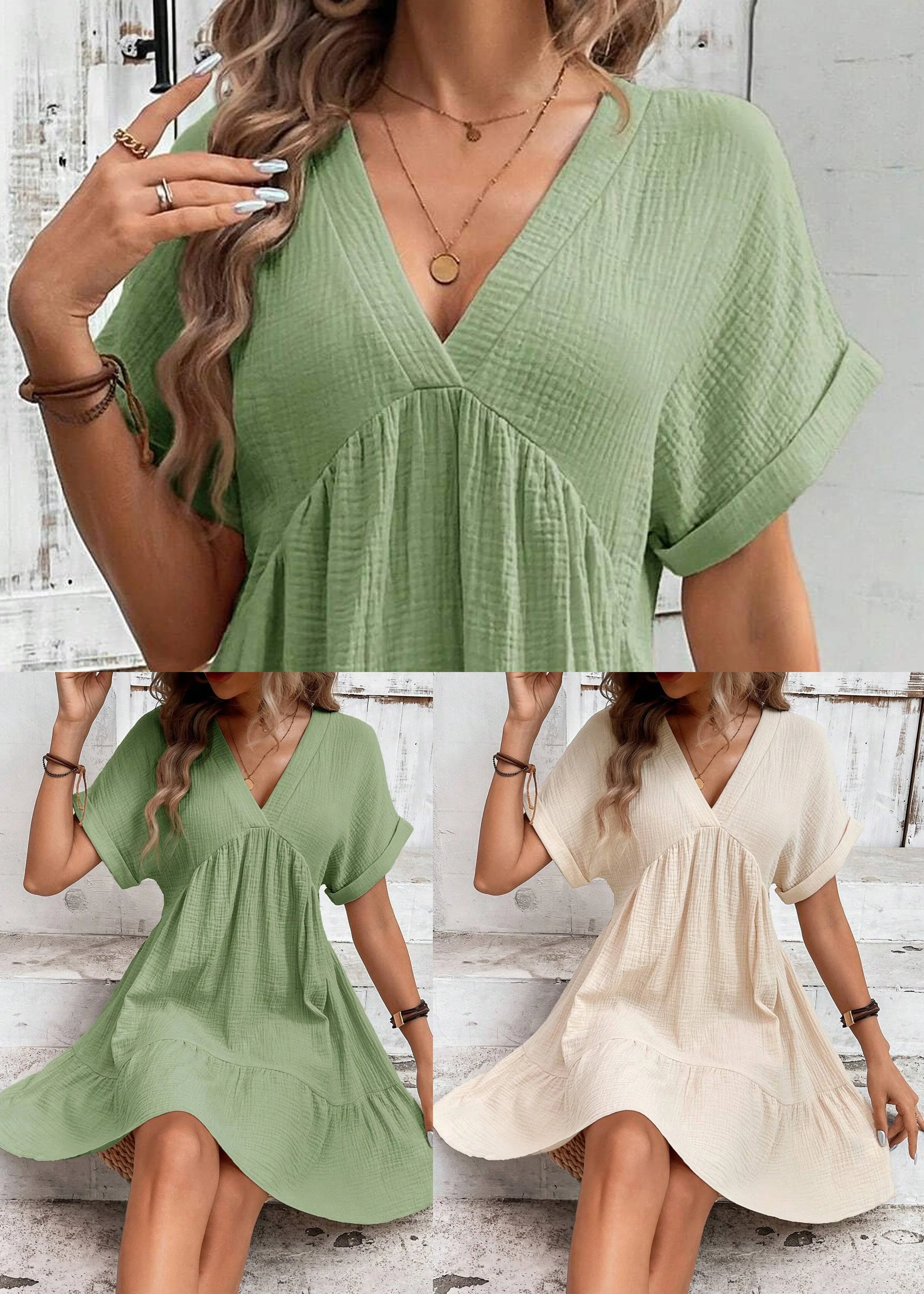 Elegant Green V Neck Cotton A Line Dresses Summer - Image 5
