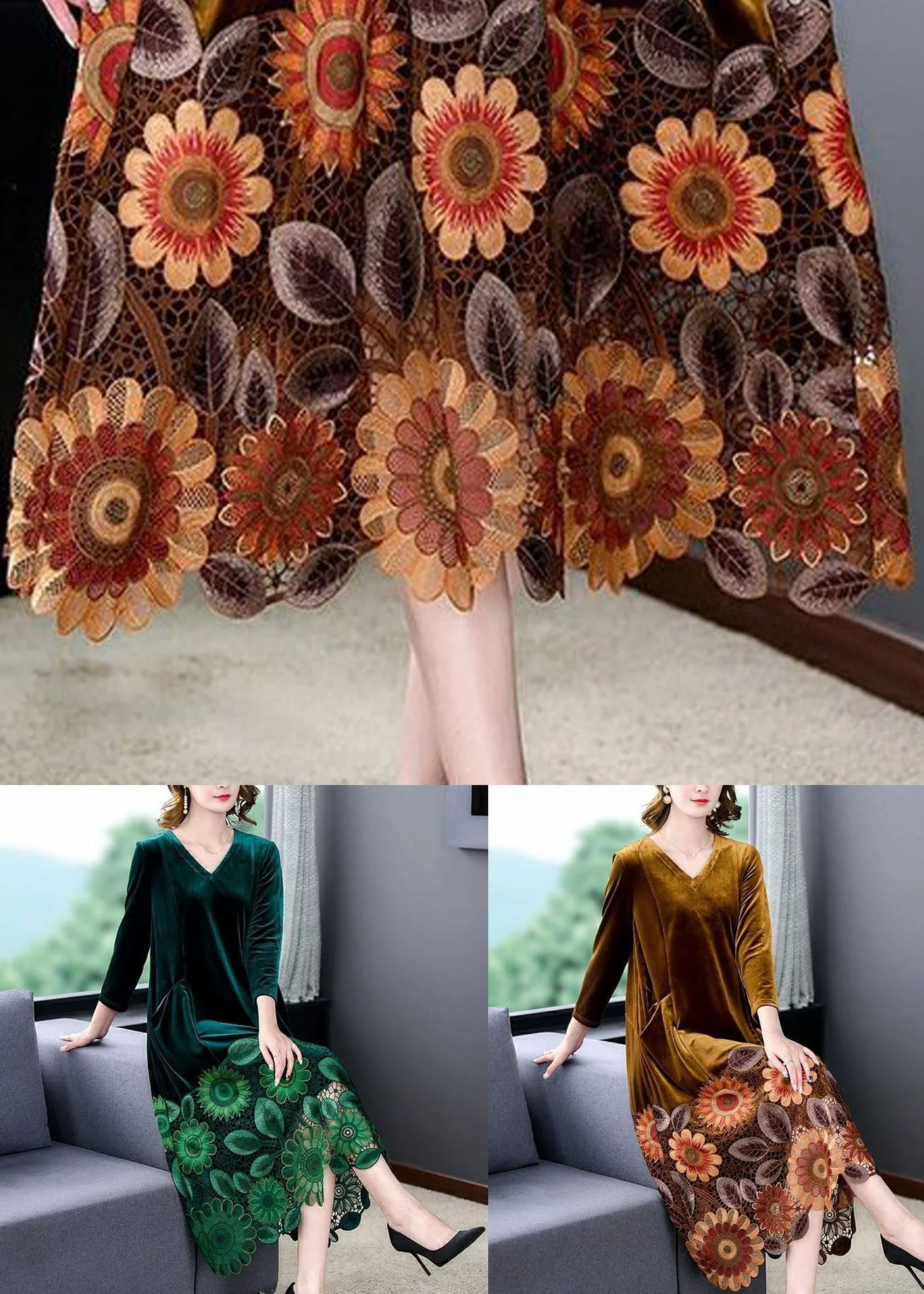 Elegant Green V Neck Print Patchwork Silk Velour Dresses Spring - Image 5