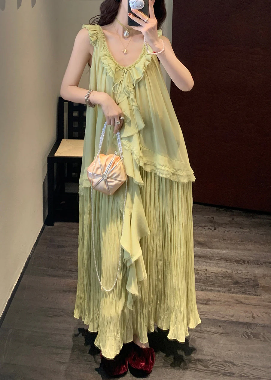 Elegant Green V Neck Lace Up Wrinkled Chiffon Long Dress Sleeveless - Image 2