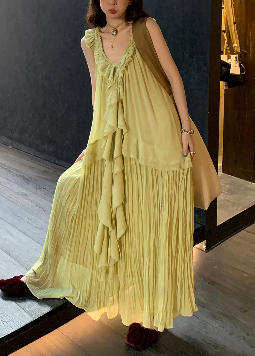 Elegant Green V Neck Lace Up Wrinkled Chiffon Long Dress Sleeveless - Image 3