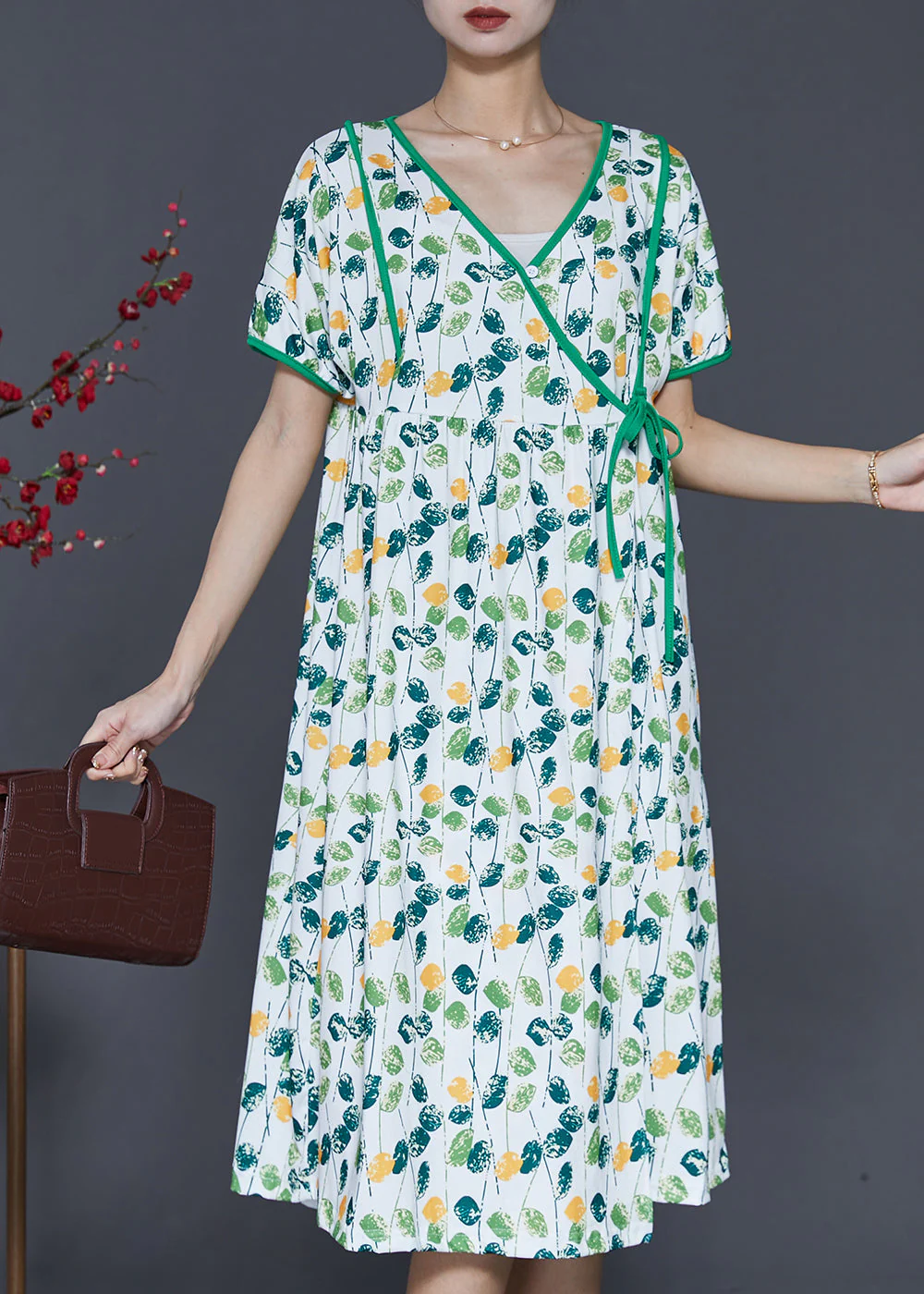 Elegant Green V Neck Print Cotton Dresses Summer - Image 2