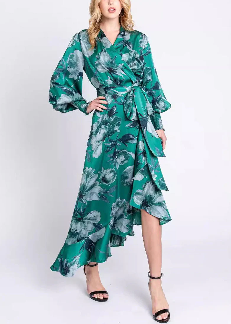 Elegant Green V Neck Print Lace Up Cotton Long Dresses Long Sleeve