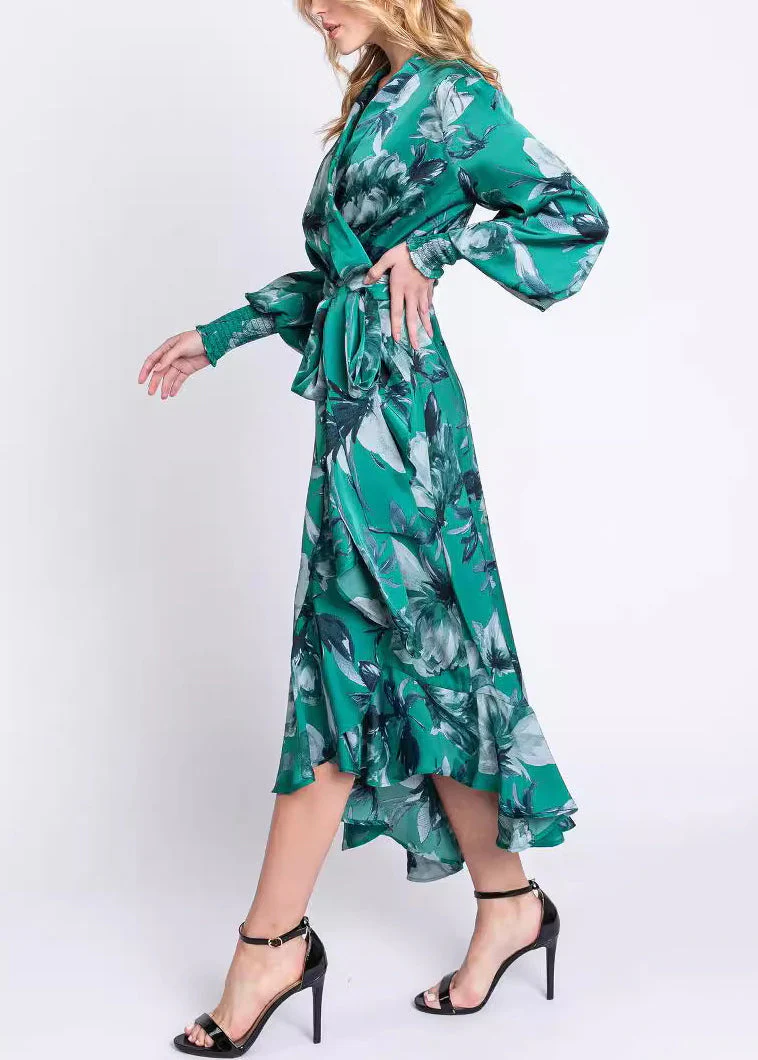 Elegant Green V Neck Print Lace Up Cotton Long Dresses Long Sleeve - Image 2