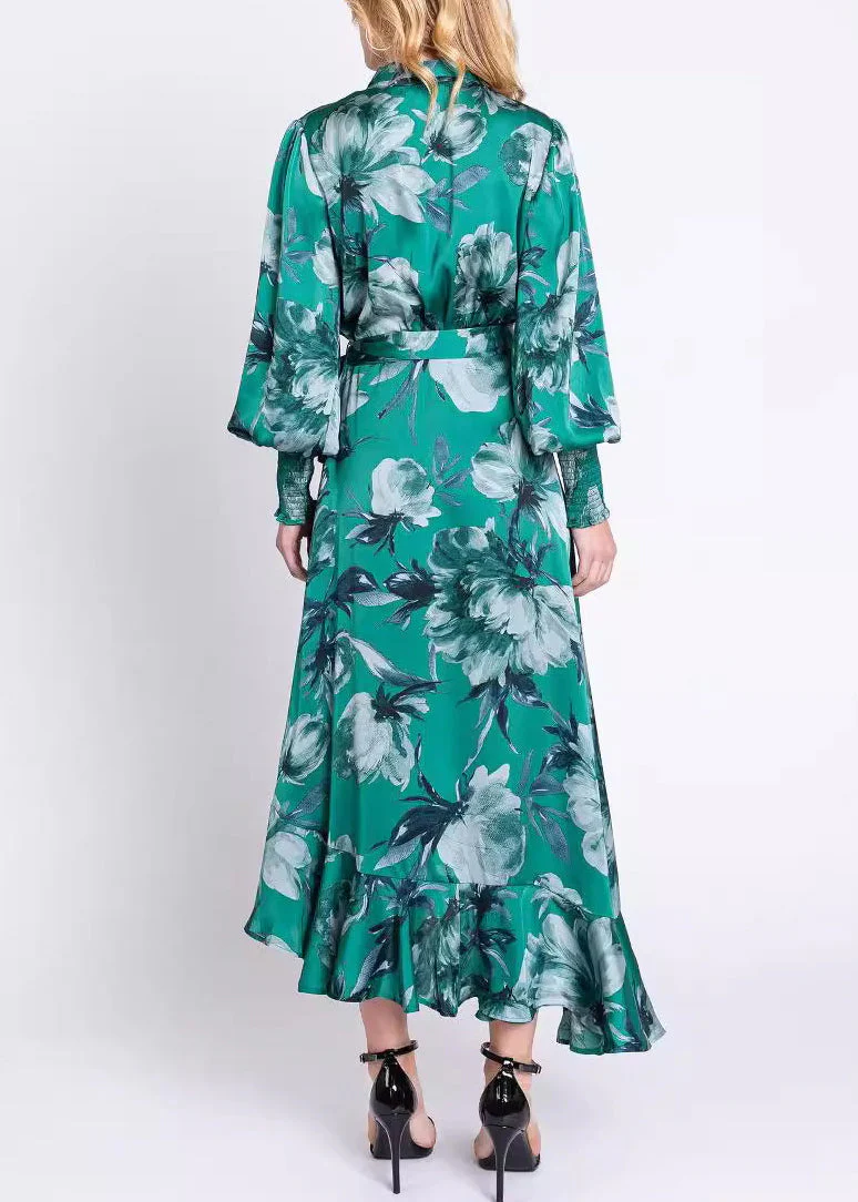 Elegant Green V Neck Print Lace Up Cotton Long Dresses Long Sleeve - Image 3