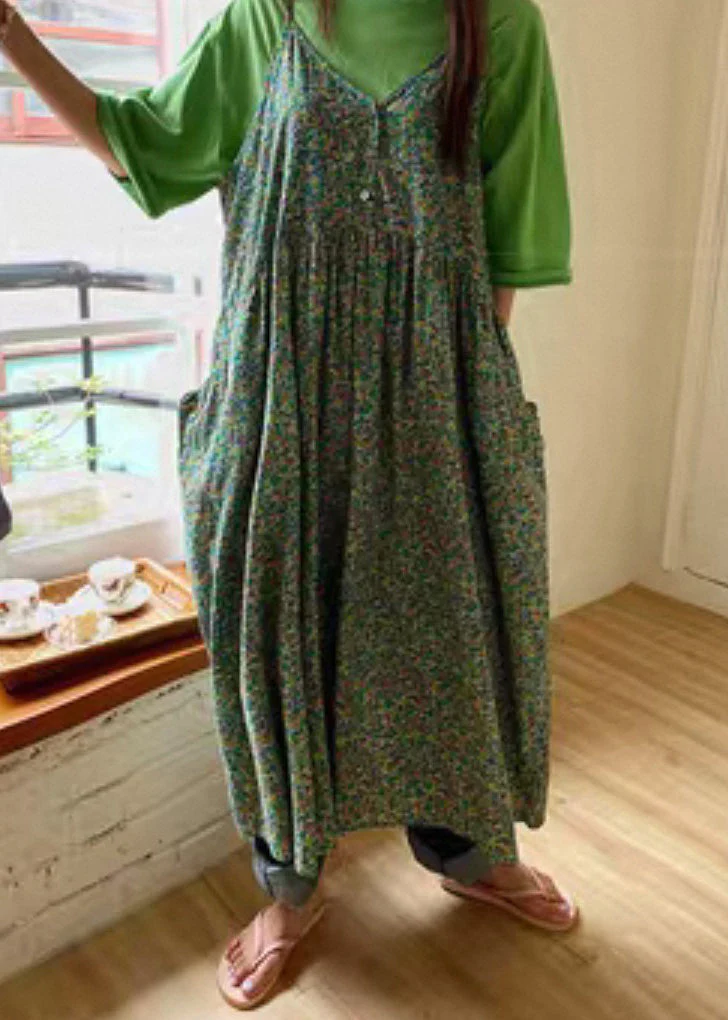 Elegant Green V Neck Print Pockets Cotton Tank Dress Sleeveless - Image 3