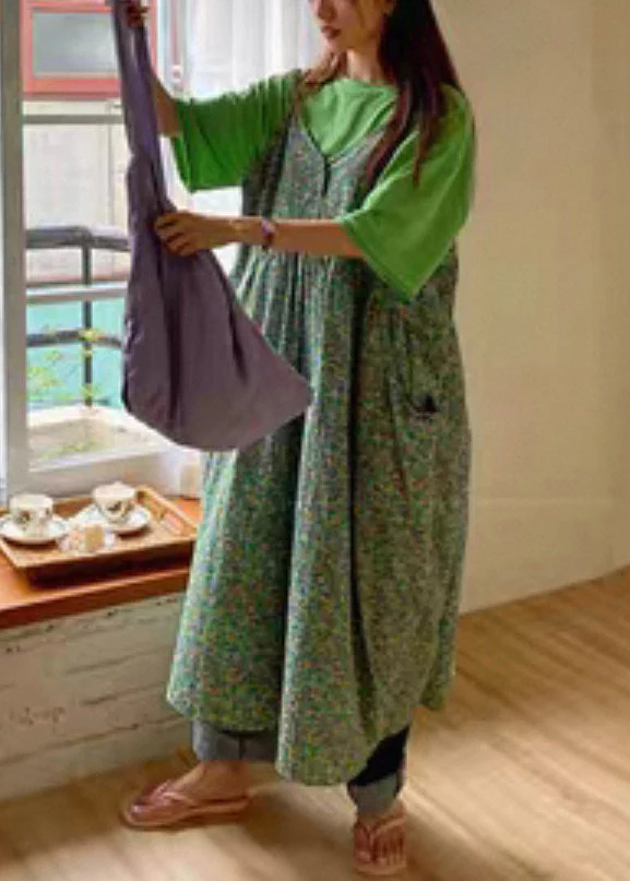 Elegant Green V Neck Print Pockets Cotton Tank Dress Sleeveless - Image 4