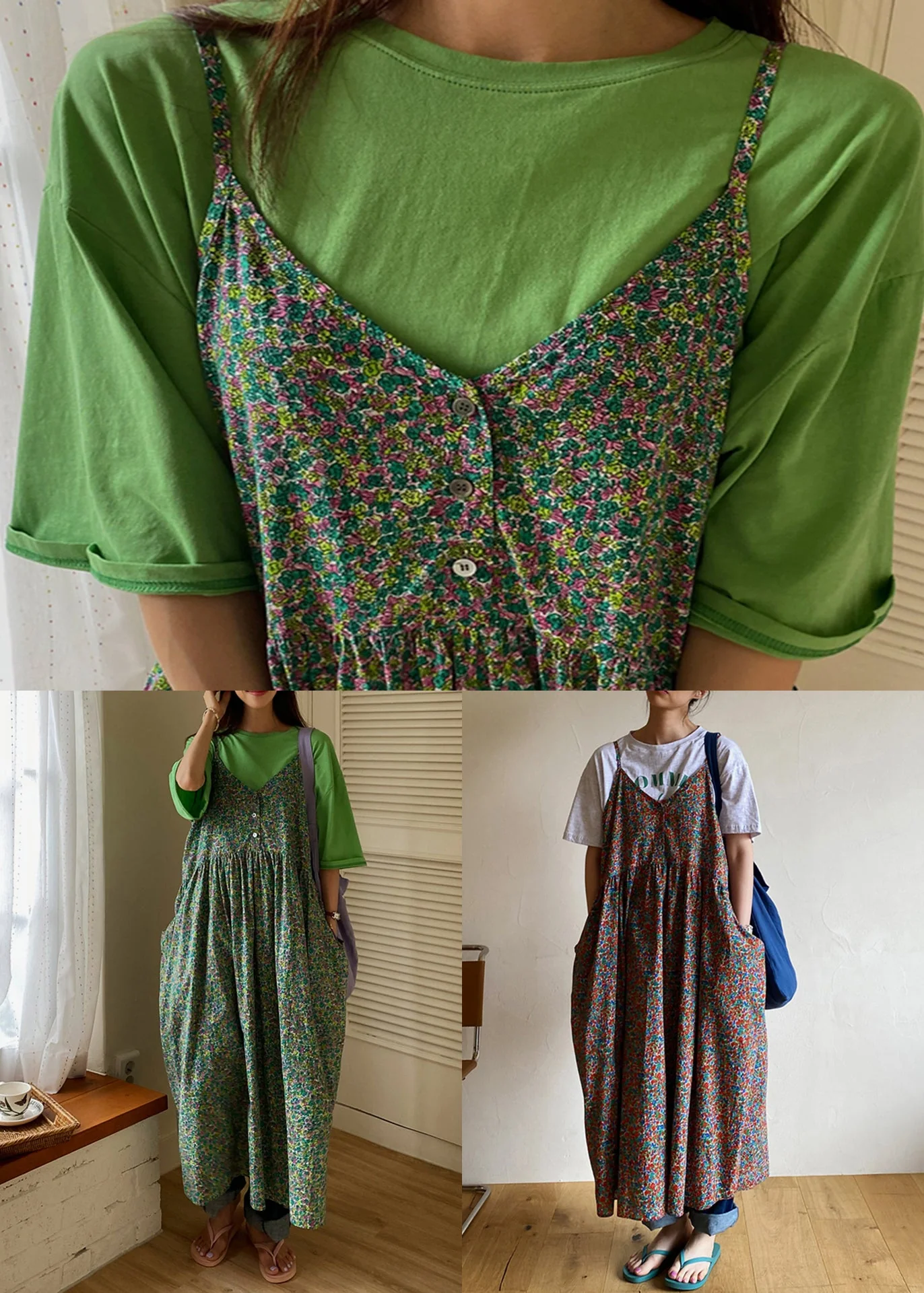 Elegant Green V Neck Print Pockets Cotton Tank Dress Sleeveless - Image 5