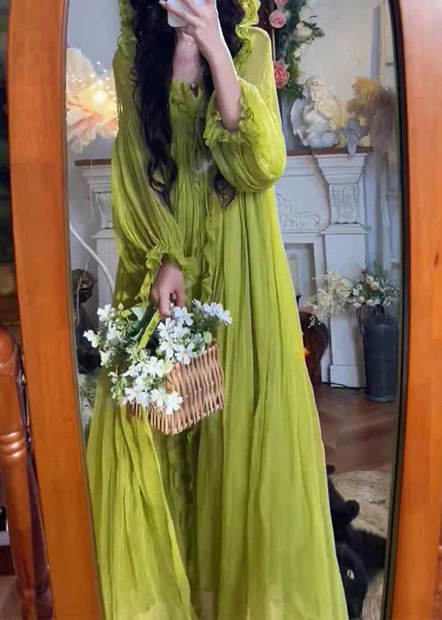 Elegant Green V Neck Ruffled Hooded Chiffon Maxi Dress Spring - Image 3