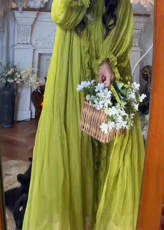 Elegant Green V Neck Ruffled Hooded Chiffon Maxi Dress Spring - Image 4