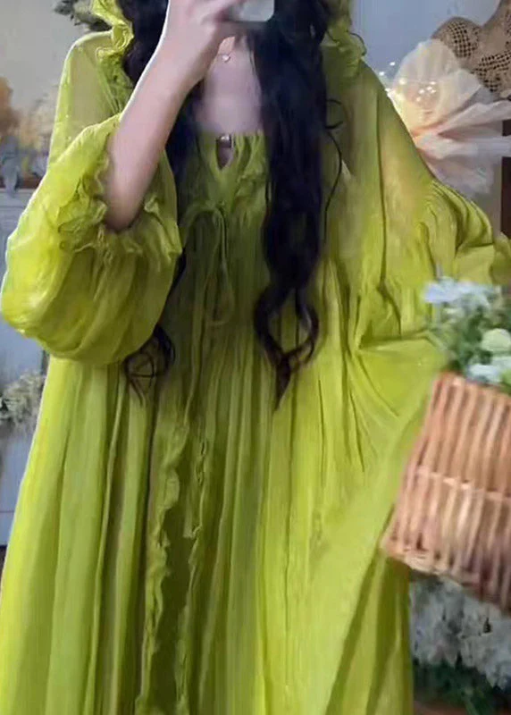 Elegant Green V Neck Ruffled Hooded Chiffon Maxi Dress Spring - Image 5