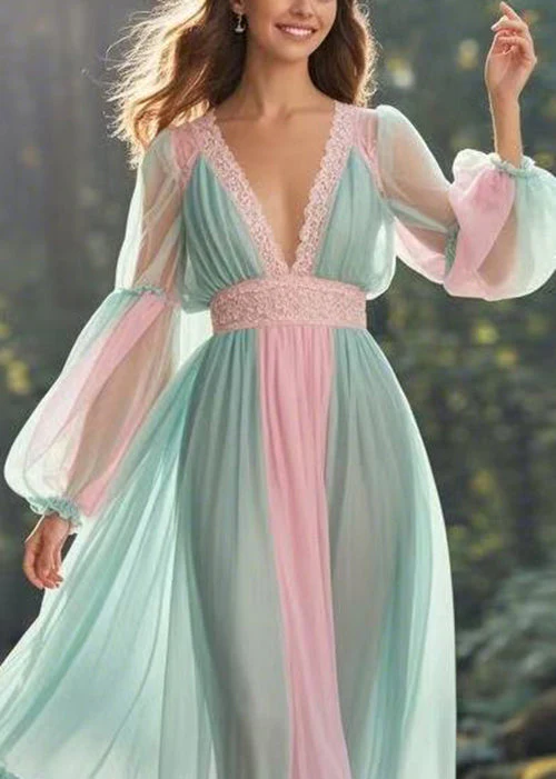 Elegant Green V Neck Ruffled Patchwork Chiffon Long Dress Spring - Image 2