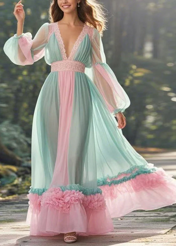 Elegant Green V Neck Ruffled Patchwork Chiffon Long Dress Spring - Image 3