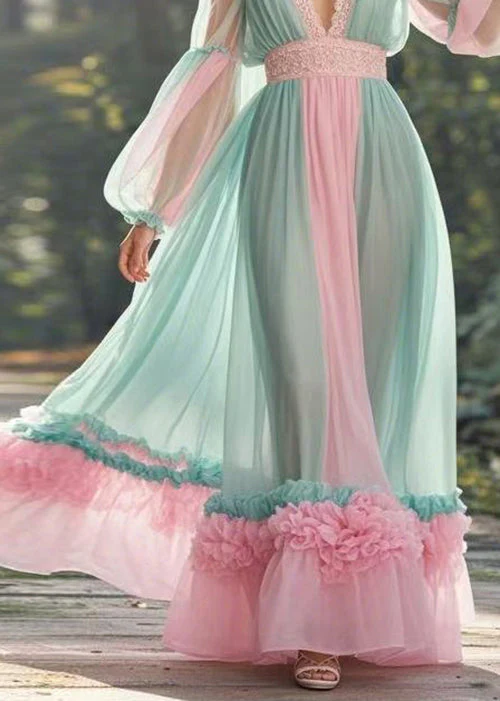 Elegant Green V Neck Ruffled Patchwork Chiffon Long Dress Spring - Image 4