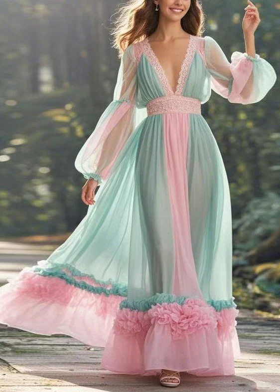 Elegant Green V Neck Ruffled Patchwork Chiffon Long Dress Spring - Image 5