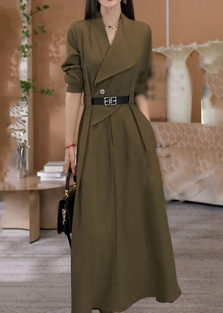 Elegant Green V Neck Waist Sashes Cotton Long Dresses Spring - Image 4