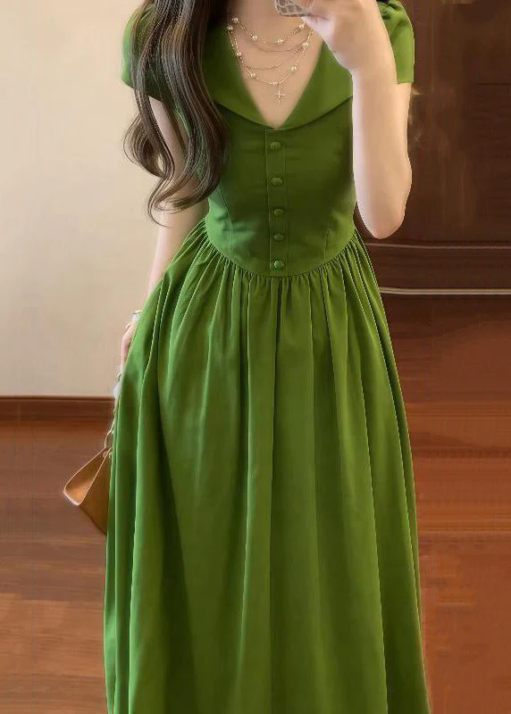 Elegant Green V Neck Wrinkled High Waist Cotton Maxi Dresses Summer - Image 2
