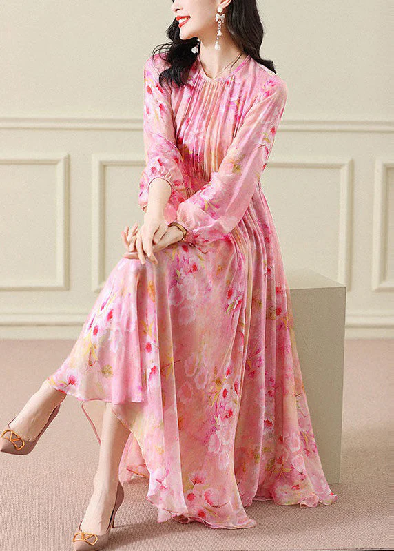 Elegant Green Wrinkled Print Chiffon Maxi Dress Long Sleeve - Image 2