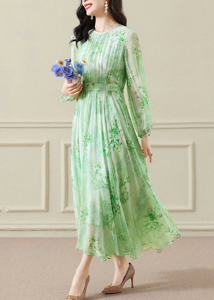 Elegant Green Wrinkled Print Chiffon Maxi Dress Long Sleeve - Image 3