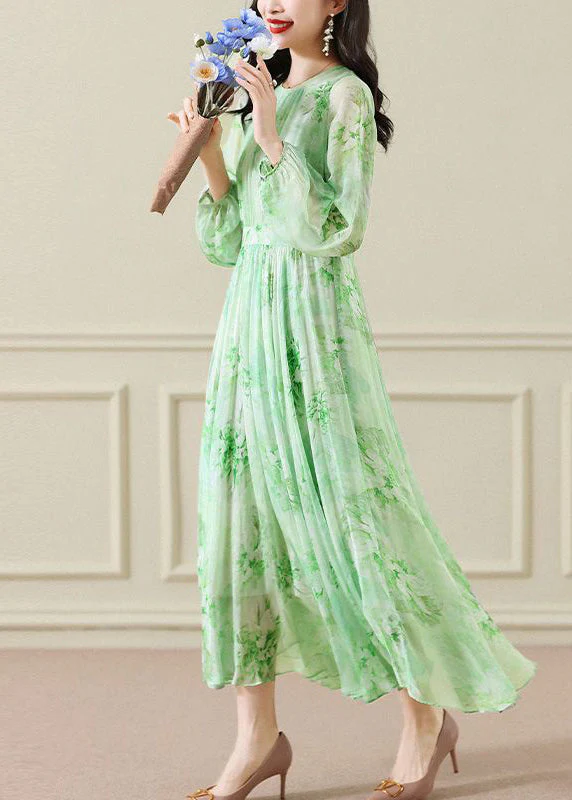 Elegant Green Wrinkled Print Chiffon Maxi Dress Long Sleeve - Image 4