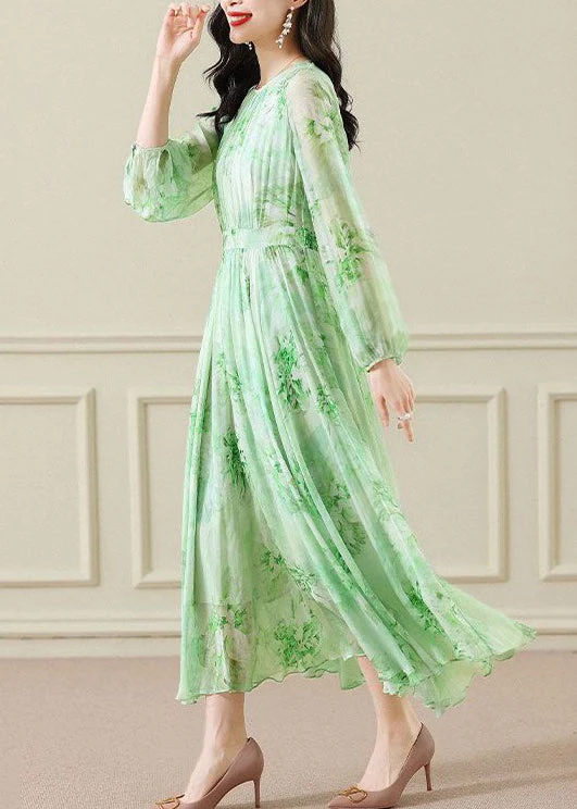 Elegant Green Wrinkled Print Chiffon Maxi Dress Long Sleeve - Image 5