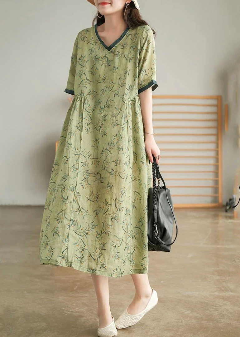 Elegant Green Wrinkled V Neck Patchwork Cotton Long Dress Short Sleeve - Image 2