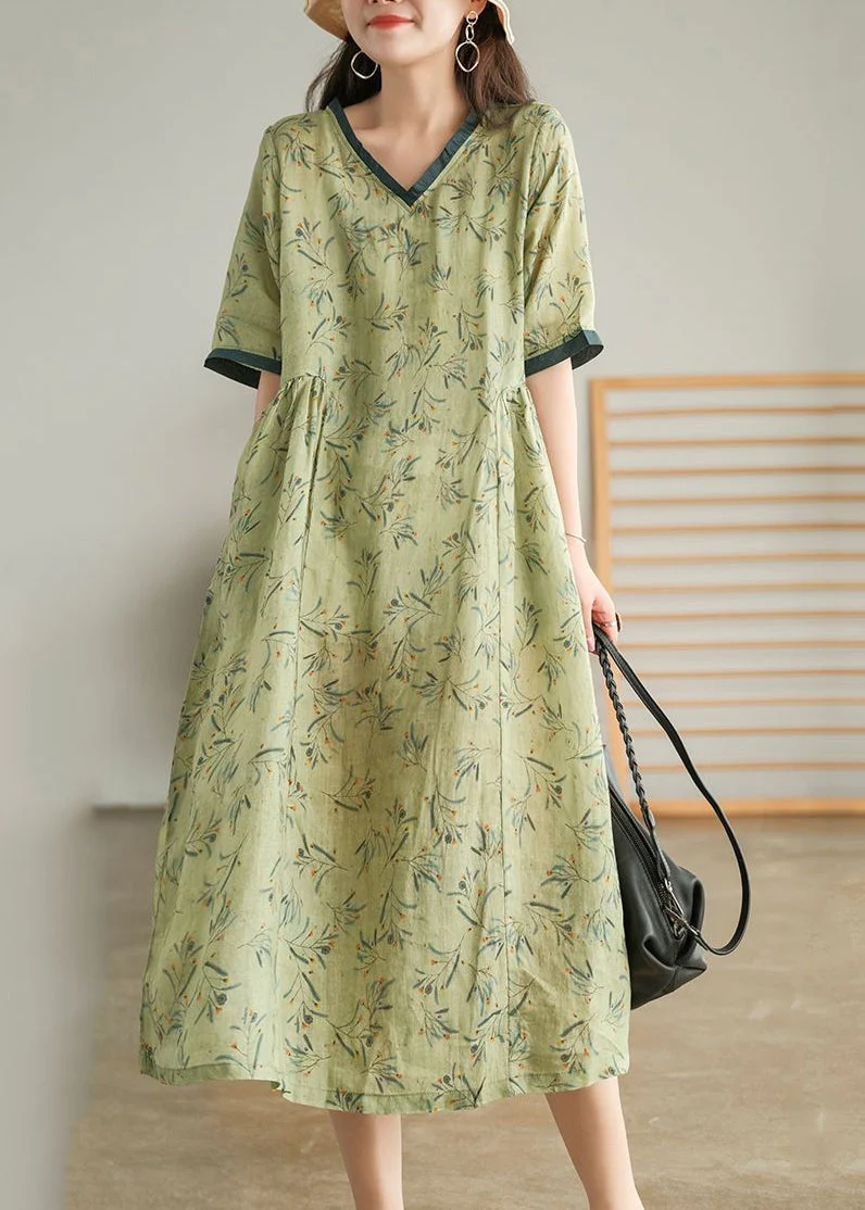 Elegant Green Wrinkled V Neck Patchwork Cotton Long Dress Short Sleeve - Image 3