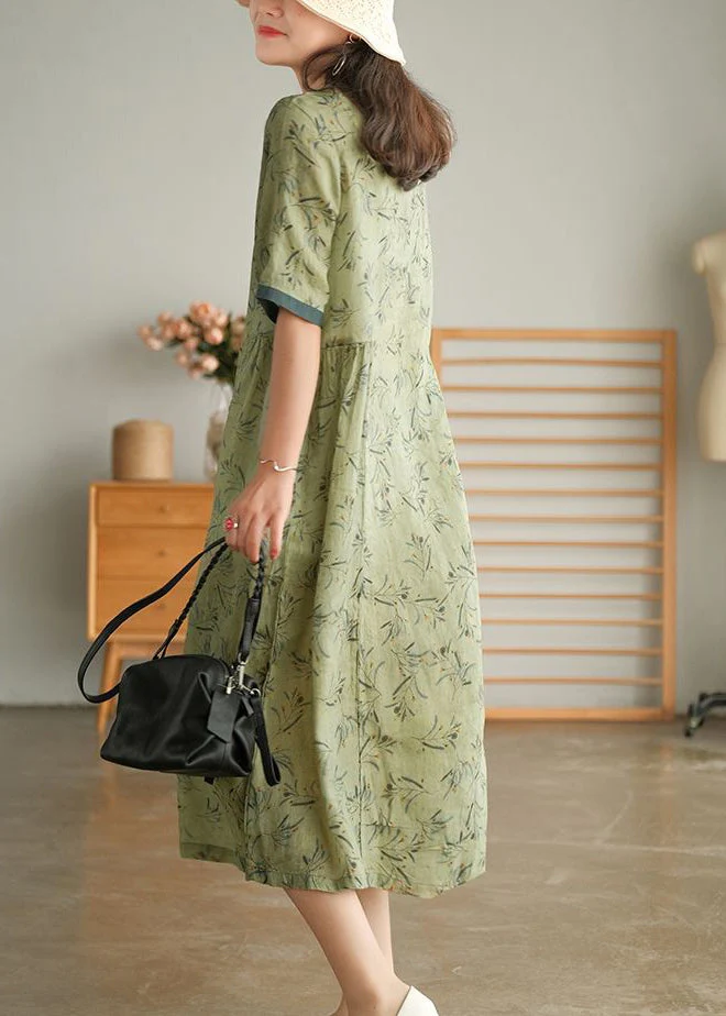 Elegant Green Wrinkled V Neck Patchwork Cotton Long Dress Short Sleeve - Image 4