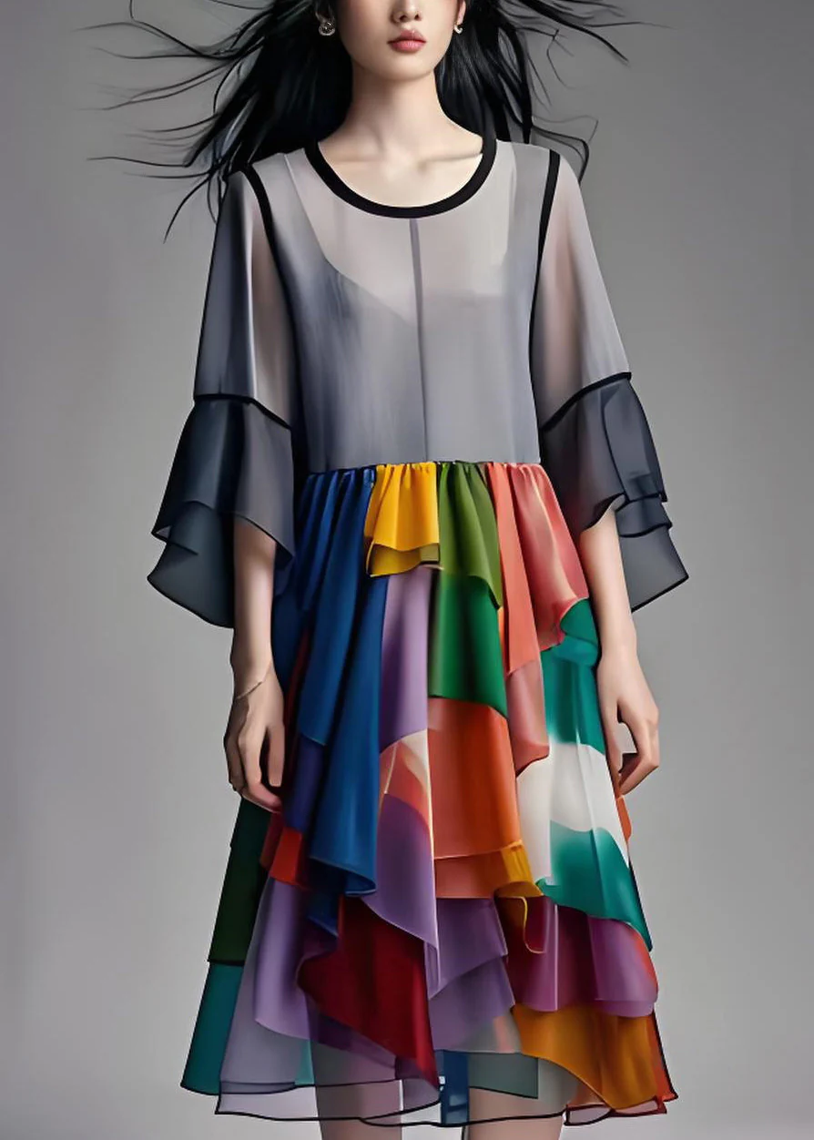 Elegant Grey Asymmetrical Design Wrinkled Patchwork Chiffon Dresses Summer - Image 2