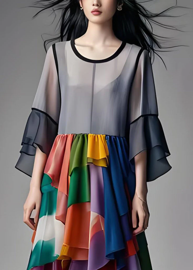 Elegant Grey Asymmetrical Design Wrinkled Patchwork Chiffon Dresses Summer - Image 3
