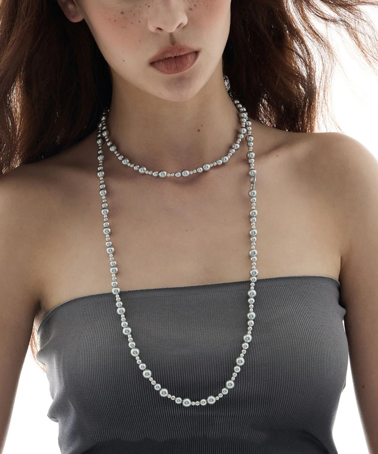 Elegant Grey Copper Overgild Pearl Beading Gratuated Bead Necklace - Image 3