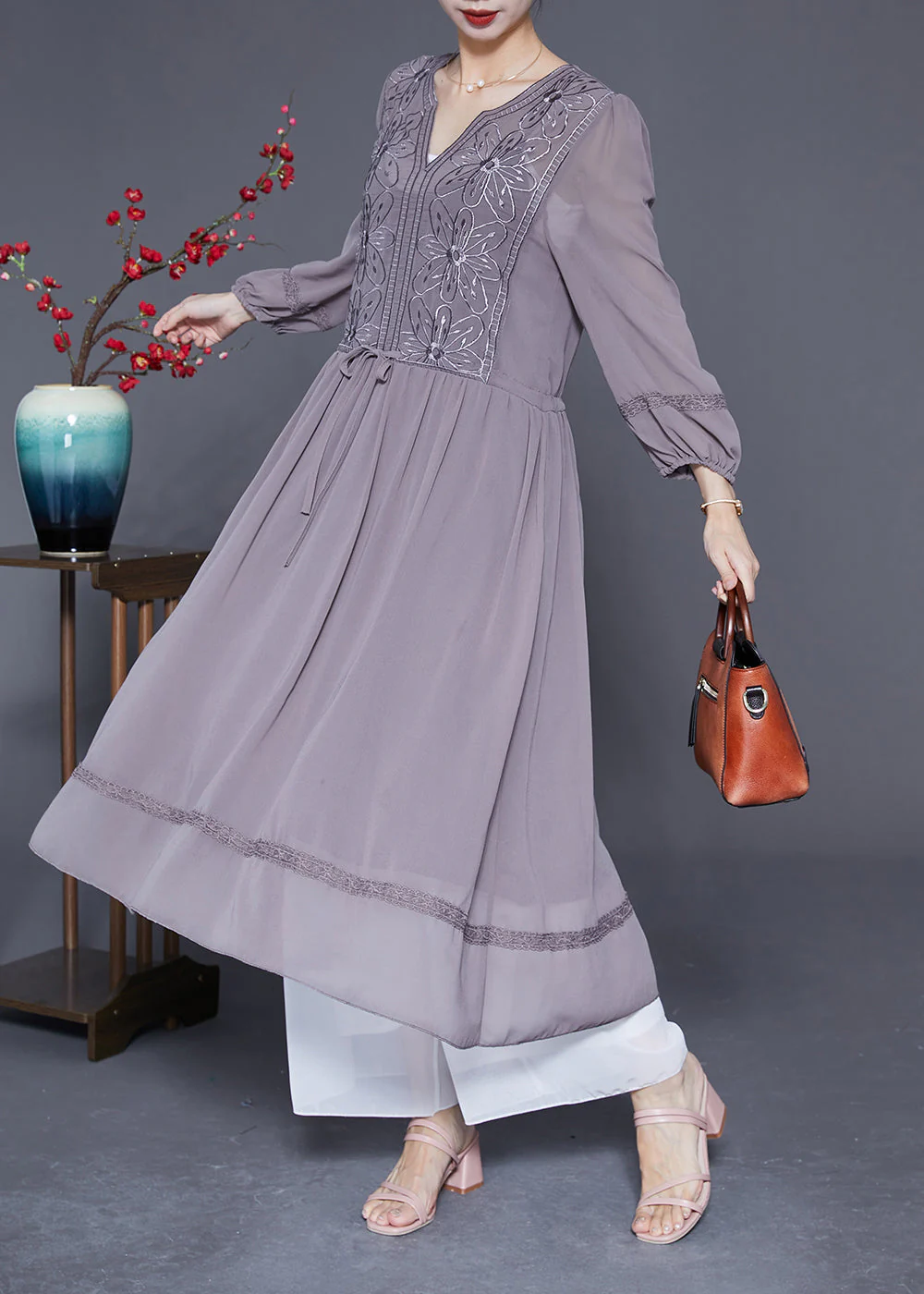 Elegant Grey Embroideried Tie Waist Silk Maxi Dresses Spring - Image 2