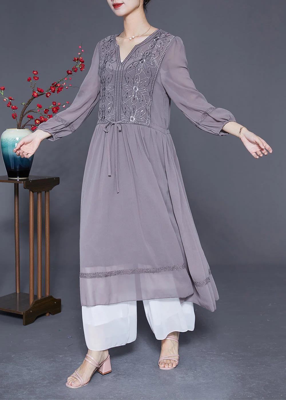Elegant Grey Embroideried Tie Waist Silk Maxi Dresses Spring - Image 3