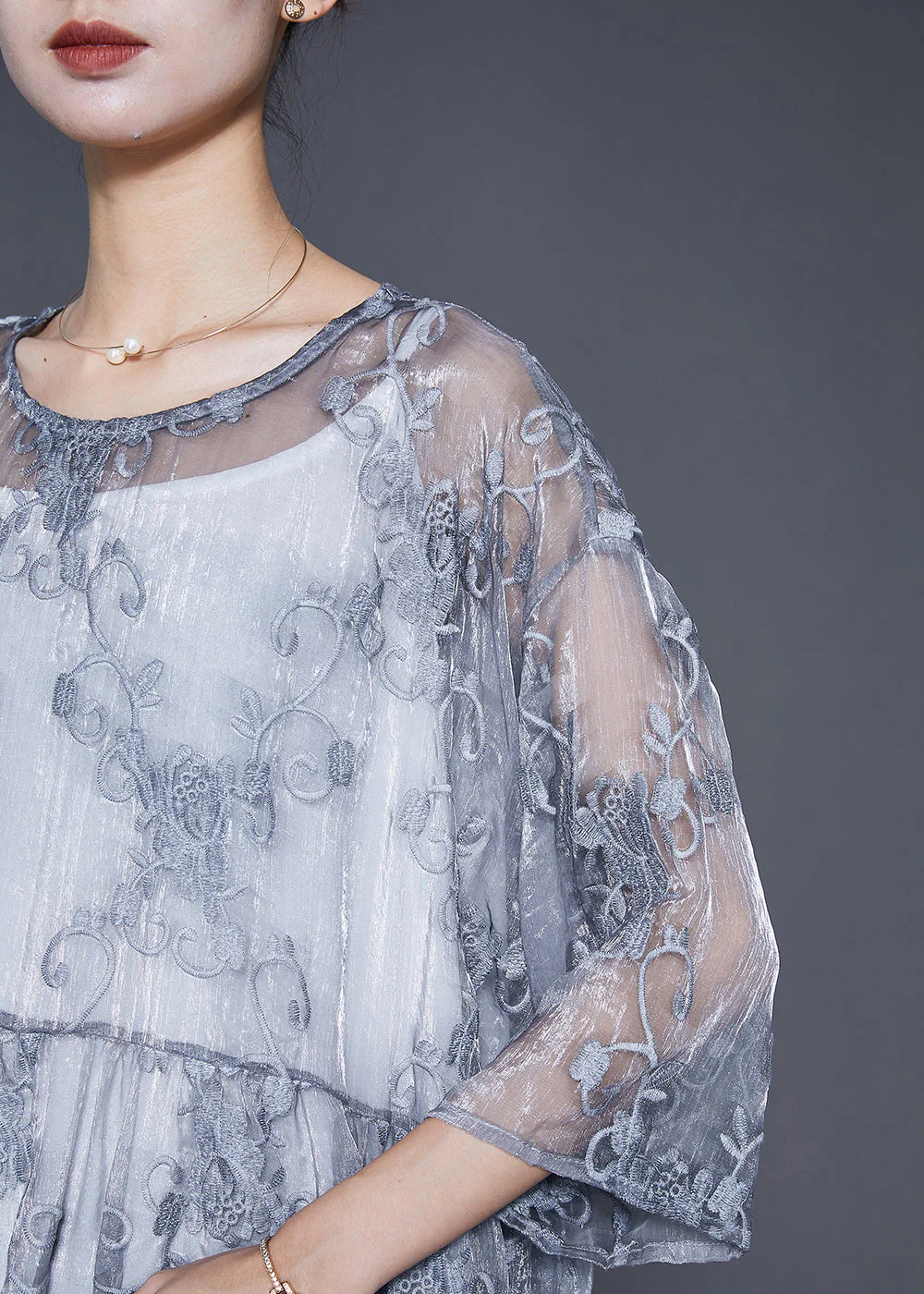 Elegant Grey Embroideried Tulle Robe Dresses Two Piece Set Summer - Image 5