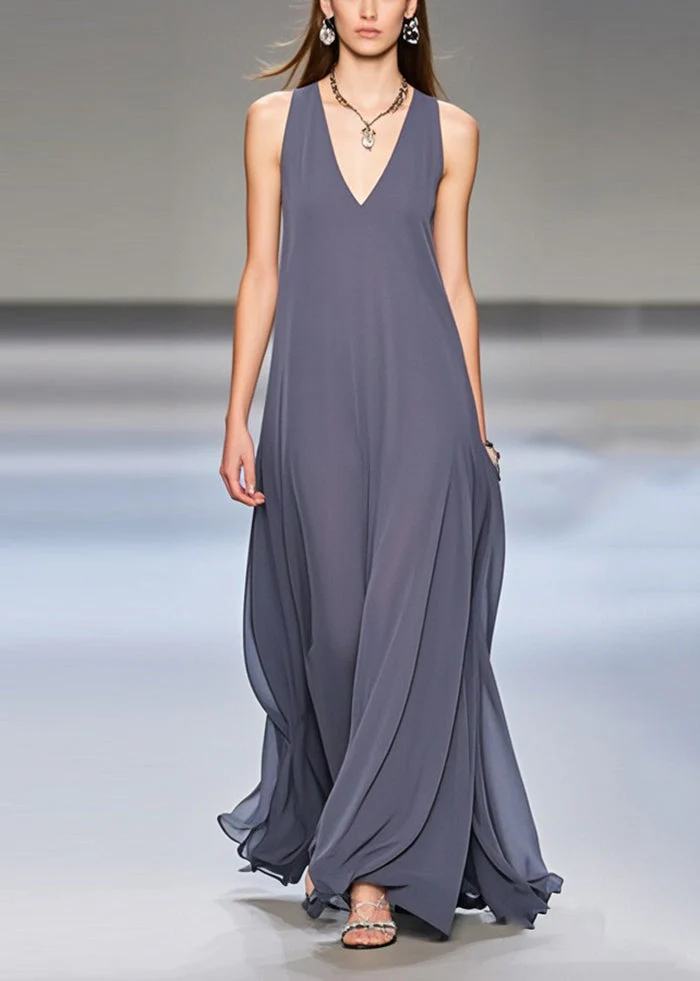 Elegant Grey Exra Large Hem Draping Chiffon Long Dresses Sleeveless - Image 5