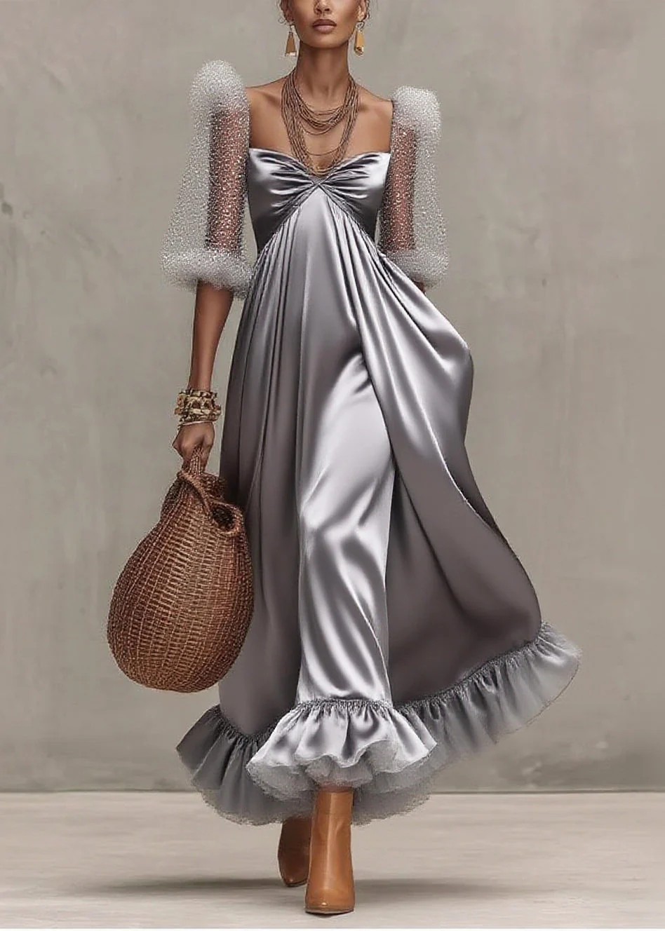 Elegant Grey Exra Large Hem Patchwork Tulle Evening Dress Puff Sleeve
