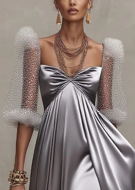 Elegant Grey Exra Large Hem Patchwork Tulle Evening Dress Puff Sleeve - Image 2