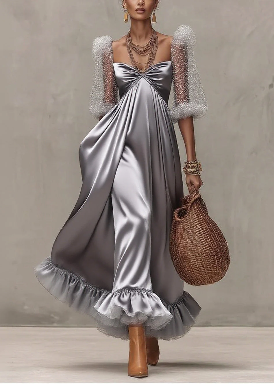 Elegant Grey Exra Large Hem Patchwork Tulle Evening Dress Puff Sleeve - Image 3